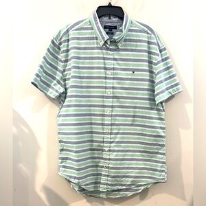 Men's Tommy Hilfiger Green/Blue Cotton Striped Size XXL Shirt Casual